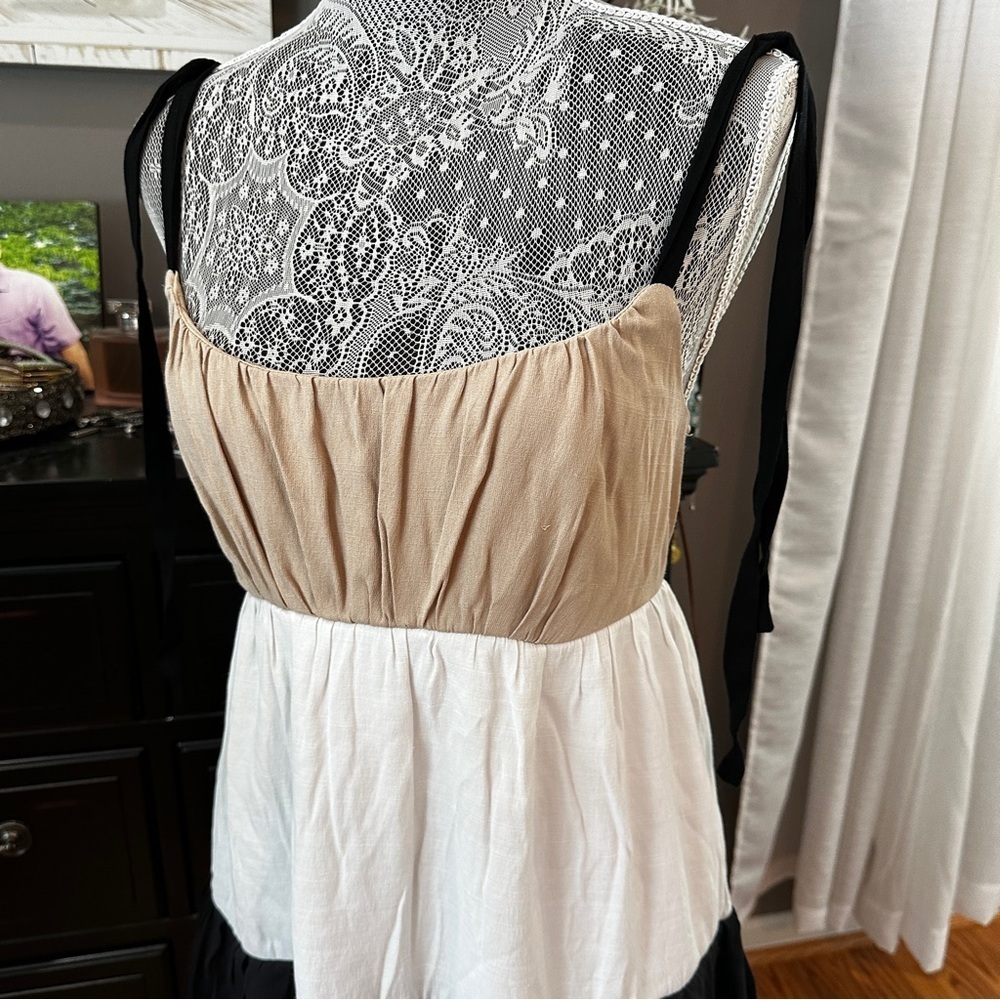 Mi Ami Colorblock Tiered Mini Dress Tie Straps Neutral Boho Medium - Picture 3 of 16